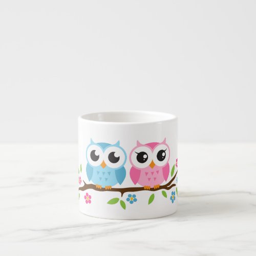 Cute owls on floral branch personalized name espresso cup