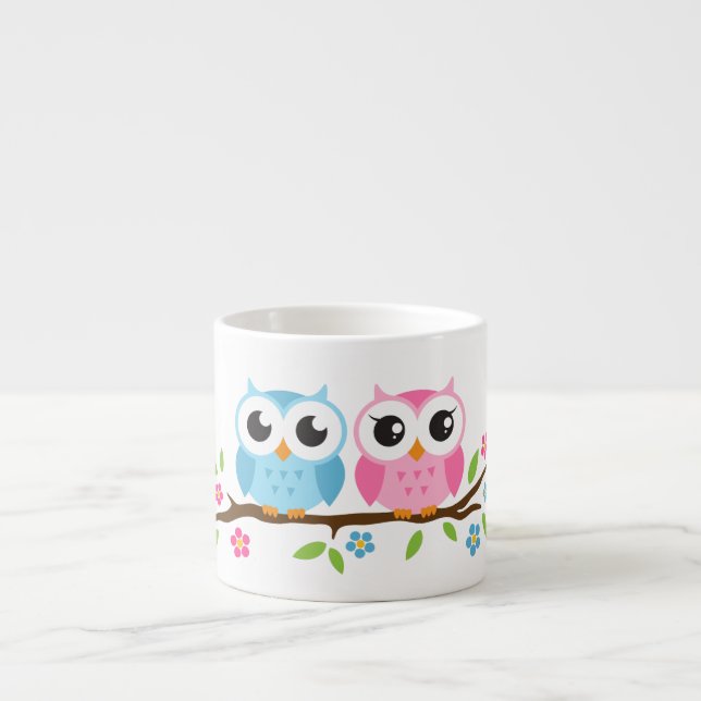 Cute owls on floral branch personalized name espresso cup (Front)