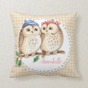 Cute owls on the branch. Personalized Throw Pillow