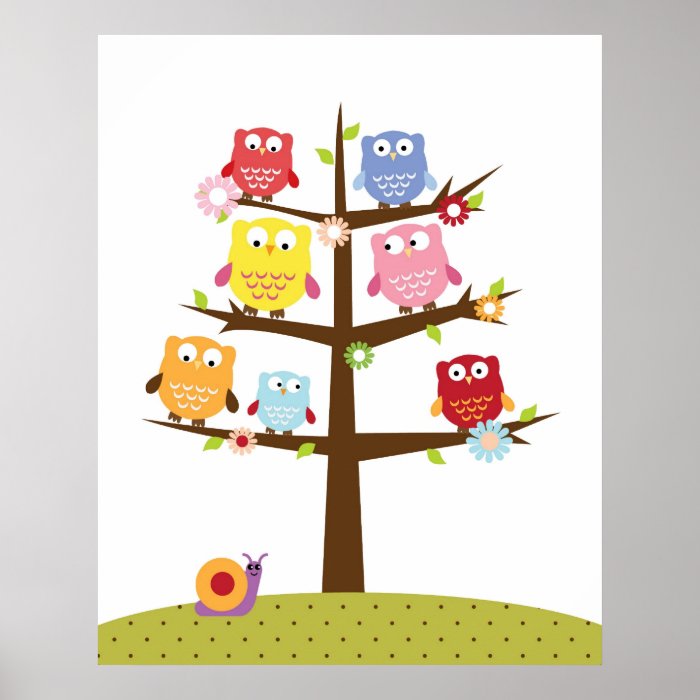 Cute owls on tree illustration print