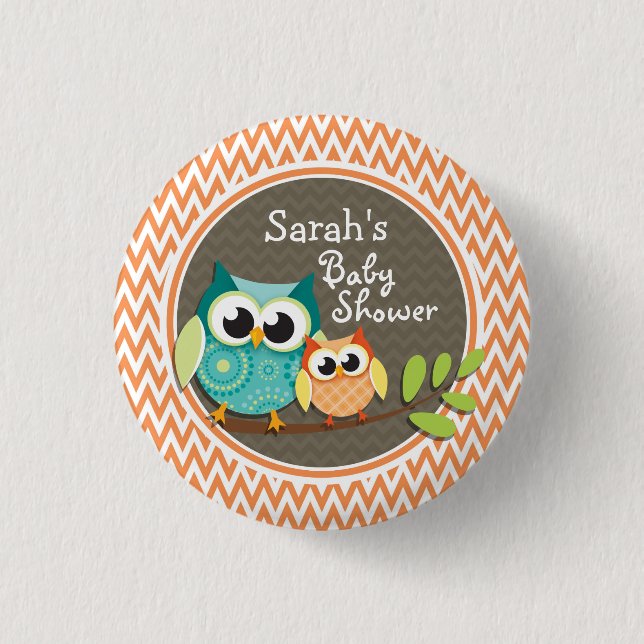 Cute Owls; Orange and White Chevron; Baby Shower Button (Front)