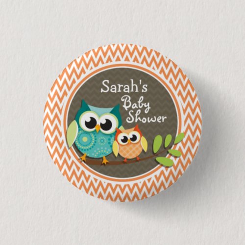 Cute Owls Orange and White Chevron Baby Shower Button