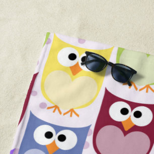 Cute Owls, Owl Pattern, Baby Owls, Colorful Owls Beach Towel