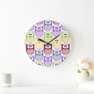 Cute Owls, Owl Pattern, Baby Owls, Colorful Owls Large Clock
