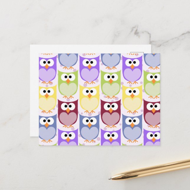 Cute Owls, Owl Pattern, Baby Owls, Colorful Owls Postcard (Front/Back In Situ)