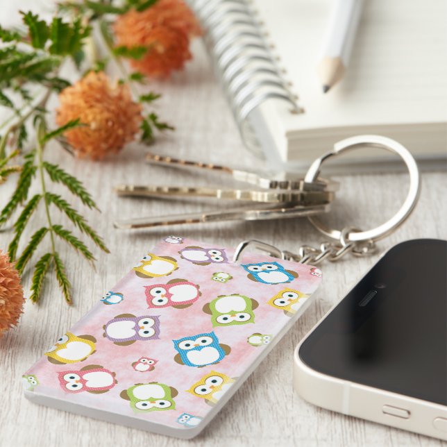 Cute Owls, Owl Pattern, Colorful Owls, Baby Owls Keychain (Front Right)