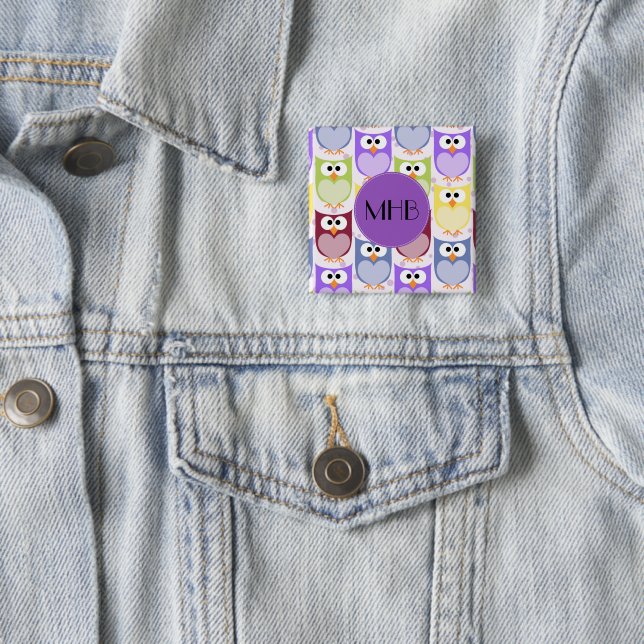 Cute Owls, Owl Pattern, Colorful Owls, Monogram Pinback Button (In Situ)