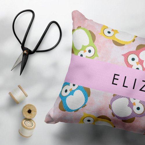 Cute Owls Owl Pattern Colorful Owls Your Name Accent Pillow