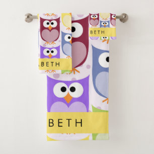 Cute Owls, Owl Pattern, Colorful Owls, Your Name Bath Towel Set
