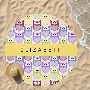 Cute Owls, Owl Pattern, Colorful Owls, Your Name Beach Towel