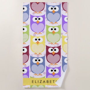 Cute Owls, Owl Pattern, Colorful Owls, Your Name Beach Towel