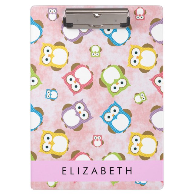 Cute Owls, Owl Pattern, Colorful Owls, Your Name Clipboard (Front)
