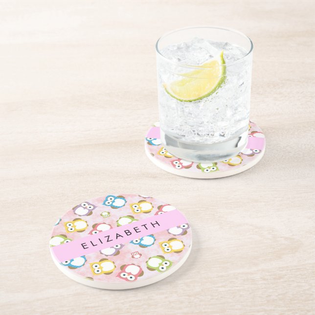 Cute Owls, Owl Pattern, Colorful Owls, Your Name Coaster (Side)