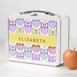Cute Owls, Owl Pattern, Colorful Owls, Your Name Metal Lunch Box