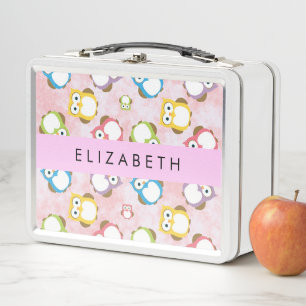 Cute Owls, Owl Pattern, Colorful Owls, Your Name Metal Lunch Box