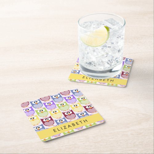 Cute Owls Owl Pattern Colorful Owls Your Name Square Paper Coaster