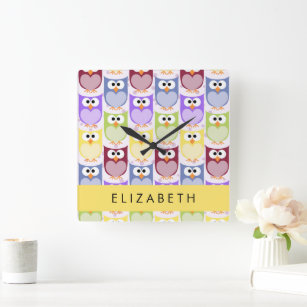Cute Owls, Owl Pattern, Colorful Owls, Your Name Square Wall Clock