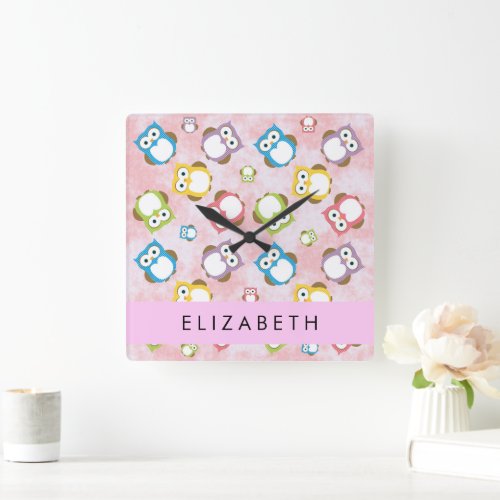 Cute Owls Owl Pattern Colorful Owls Your Name Square Wall Clock