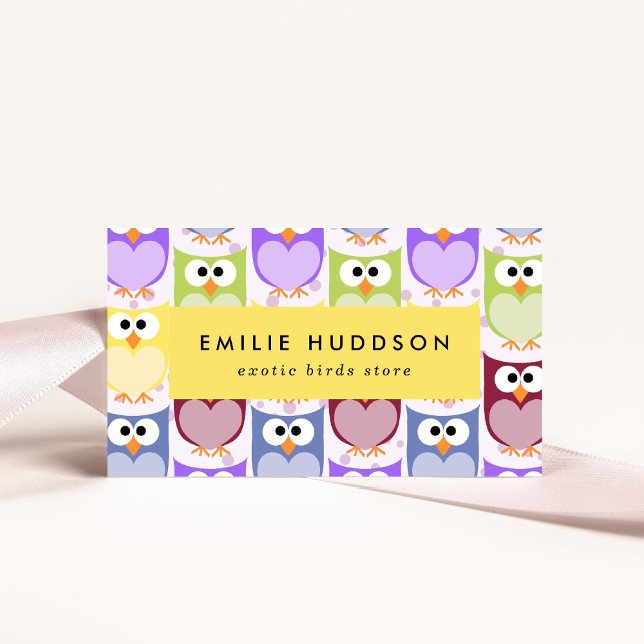 Cute Owls, Owl Pattern, Pet Shop, Bird Store Business Card (Creator Uploaded)