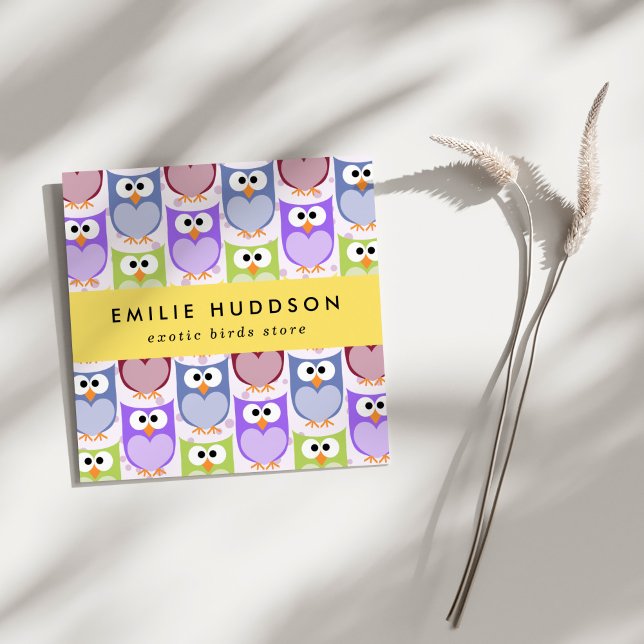 Cute Owls, Owl Pattern, Pet Shop, Bird Store Square Business Card (Creator Uploaded)