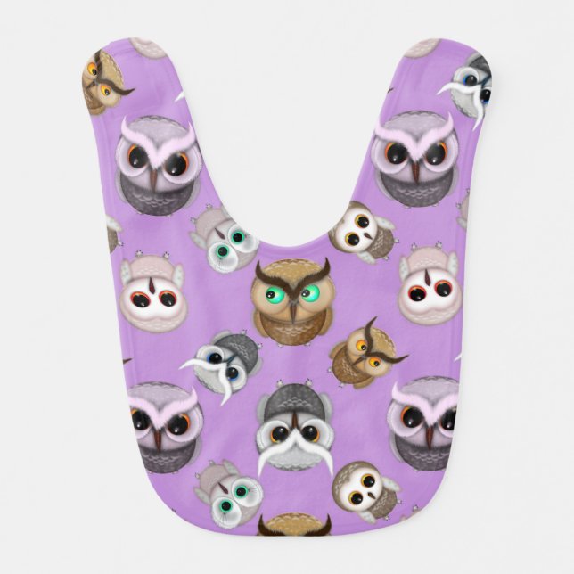 Cute Owls Pattern on Purple Background Baby Bib (Front)