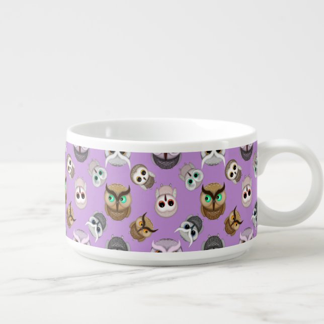 Cute Owls Pattern on Purple Background Bowl (Left)