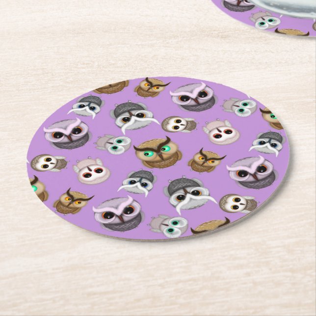 Cute Owls Pattern on Purple Background Round Paper Coaster (Angled)
