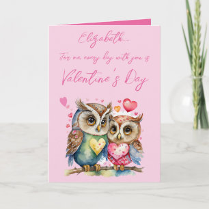 Cute owls personalized name pink Valentine's Day Card