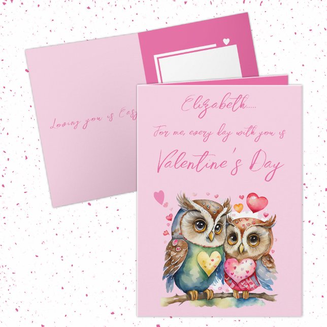 Cute owls personalized name pink Valentine's Day Card (Creator Uploaded)
