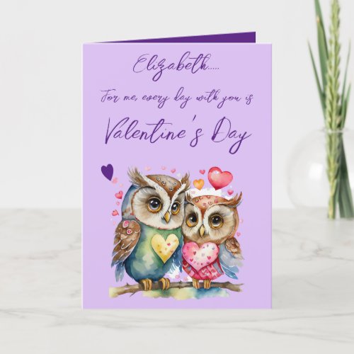 Cute owls personalized name purple Valentines Day Card