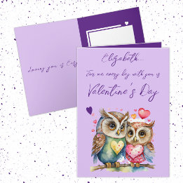 Cute owls personalized name purple Valentine's Day Card
