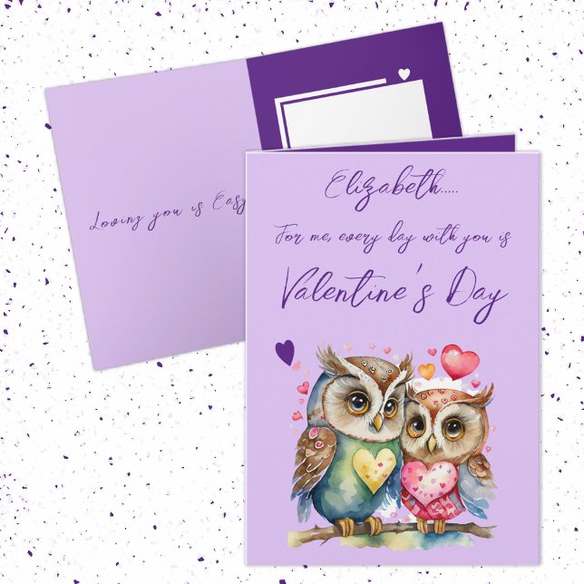 Cute owls personalized name purple Valentine's Day Card (Creator Uploaded)