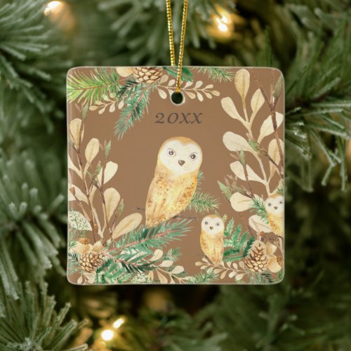 Cute Owls Pine Watercolor Christmas Ceramic Ornament