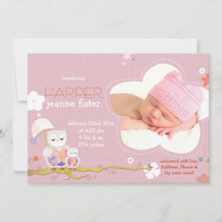 Cute Owls Pink Baby Girl Photo Birth Announcement