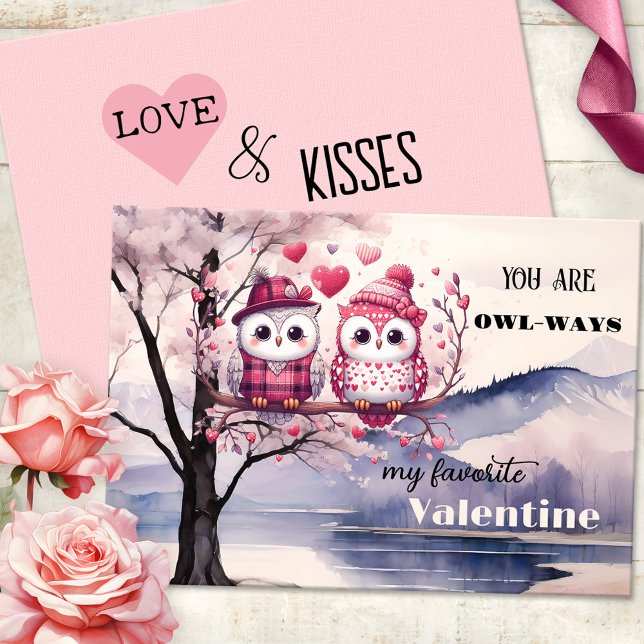 Cute Owls Pink Heart Valentine's Day Holiday Card (Funny Valentine's Day card featuring two cute owls on a tree branch in a watercolor winter landscape)