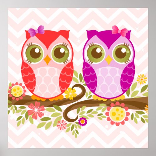 Cute Owls _ Pink  Purple Girls _ Wall Poster