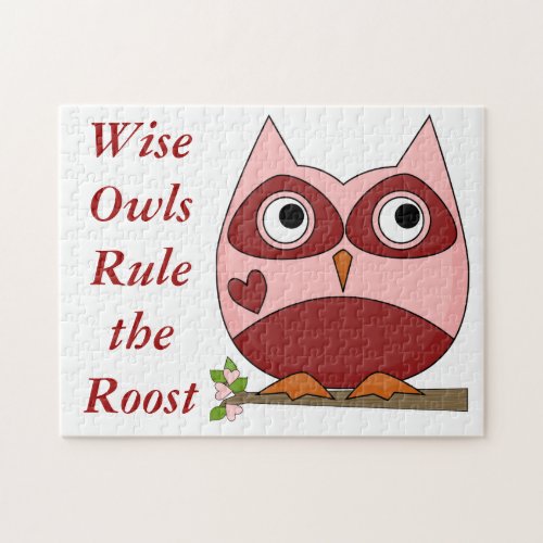 Cute Owls Red and Pink Cartoon Owl Small Heart Jigsaw Puzzle