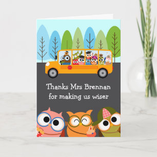 Cute Owls School Bus Teacher Appreciation Letterpress Thank You Card