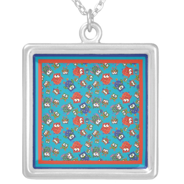 Cute Owls Square Silver Plate Necklace (Front)