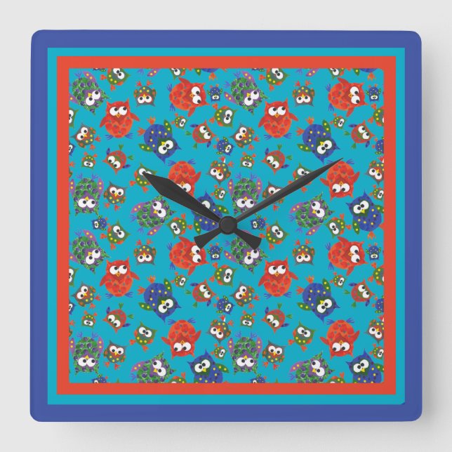 Cute Owls Square Wall Clock, Red, Blue, Green Clock (Front)