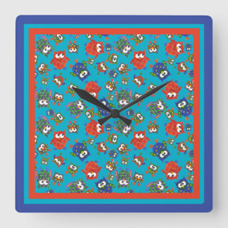 Cute Owls Square Wall Clock, Red, Blue, Green Clock