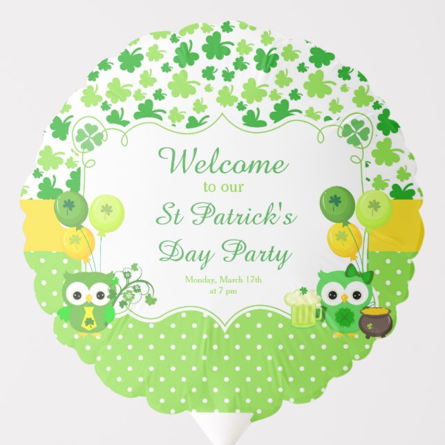 Cute Owls St Patrick's Day Party Balloon (Front)