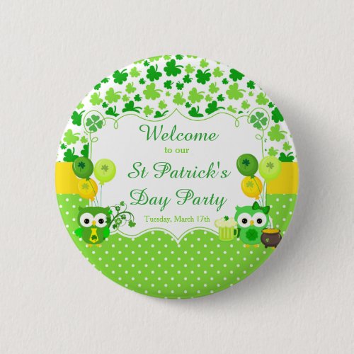 Cute Owls St Patricks Day Party Button