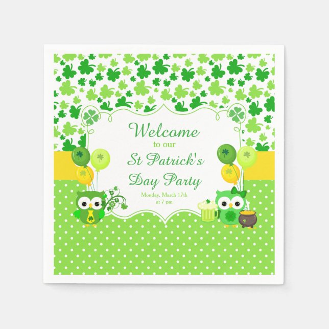 Cute Owls St Patrick's Day Party Napkins (Front)