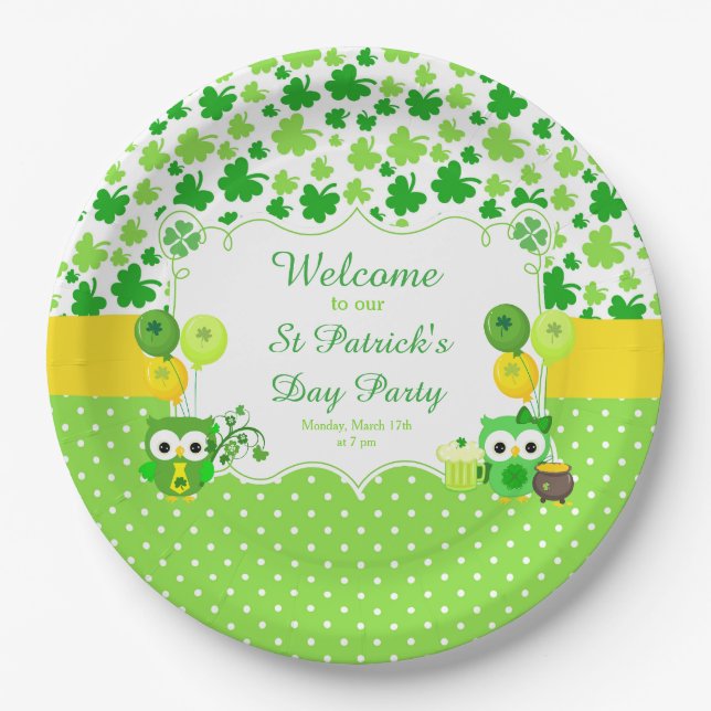 Cute Owls St Patrick's Day Party Paper Plates (Front)