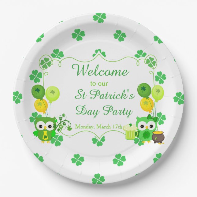 Cute Owls St Patrick's Day Party Paper Plates (Front)