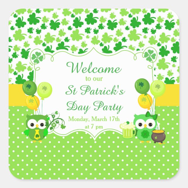 Cute Owls St Patrick's Day Party Square Sticker (Front)
