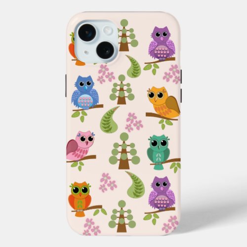 Cute owls trees flowers iPhone 15 plus case