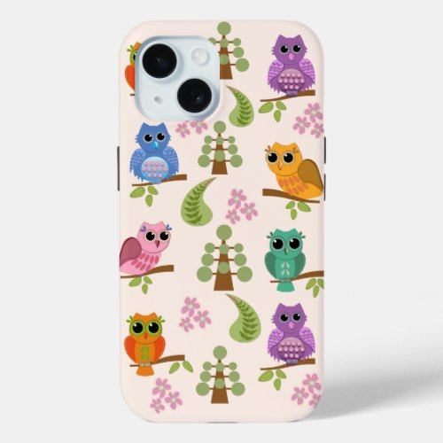Cute owls trees flowers iPhone 15 case