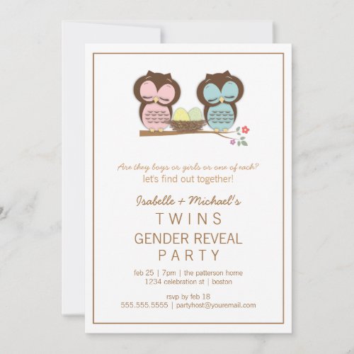 Cute Owls Twin Baby Gender Reveal Party Invitation